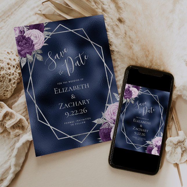 Lilac Silver Floral Geo Navy Foil Save the Date (Creator Uploaded)