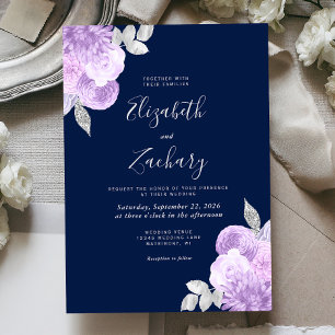 Lilac Silver Floral Navy Blue Wedding Invitation