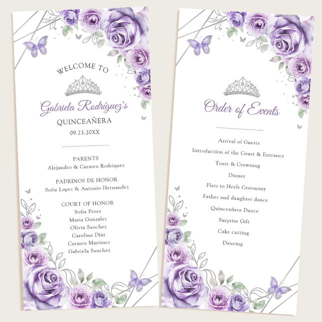Lilac Silver Floral Quinceanera Order of Events Programme (Creator Uploaded)