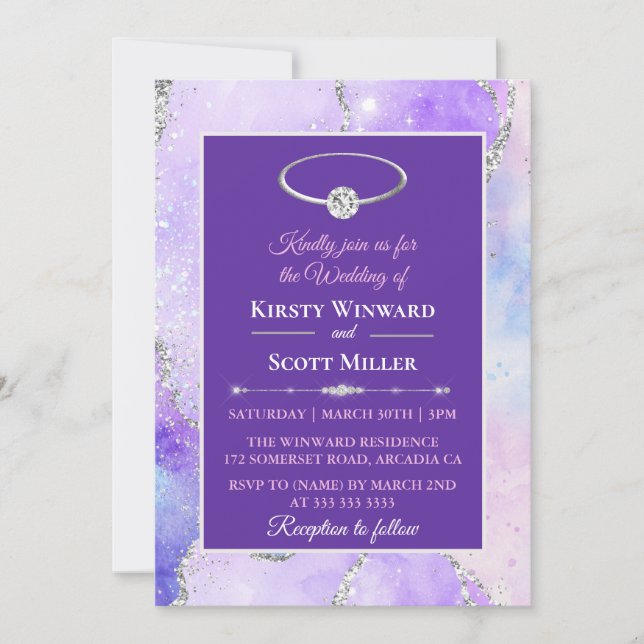 Lilac Silver Glitter Agate Wedding Invitation (Front)