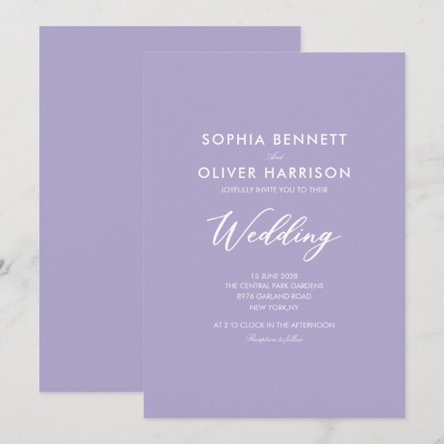 lilac SIMPLE modern elegant WEDDING INVITE (Front/Back)