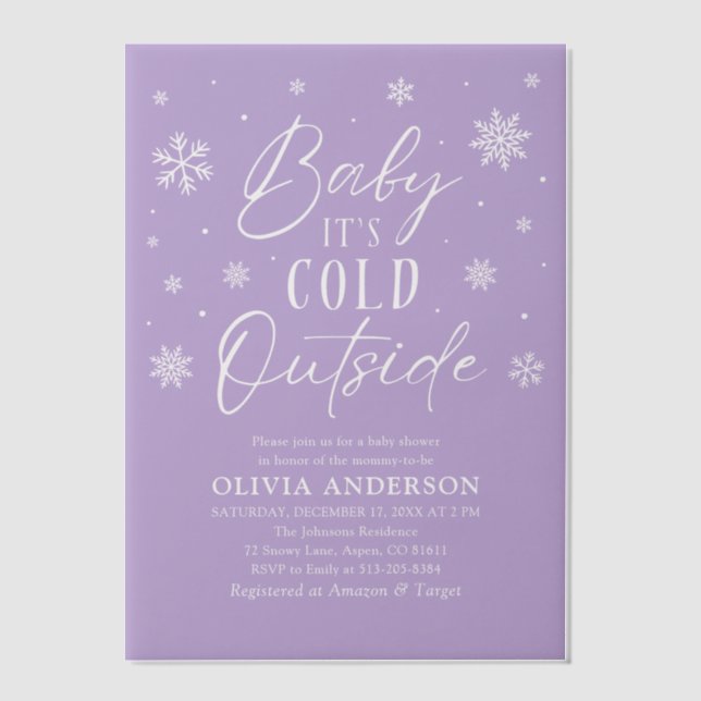 Lilac Snowflake Baby It's Cold Outside Baby Shower Vellum Invitations (Front)