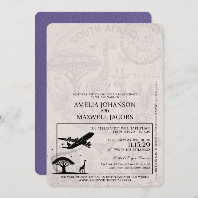 Lilac South Africa Passport Wedding Invitation (Front/Back)