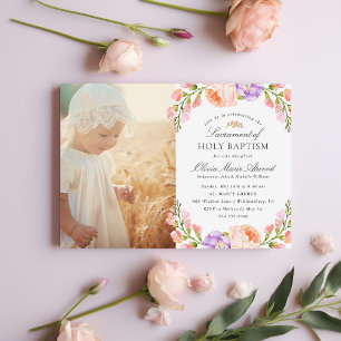 Lilac Stripe and Bloom Baby Girl Photo Baptism Invitation