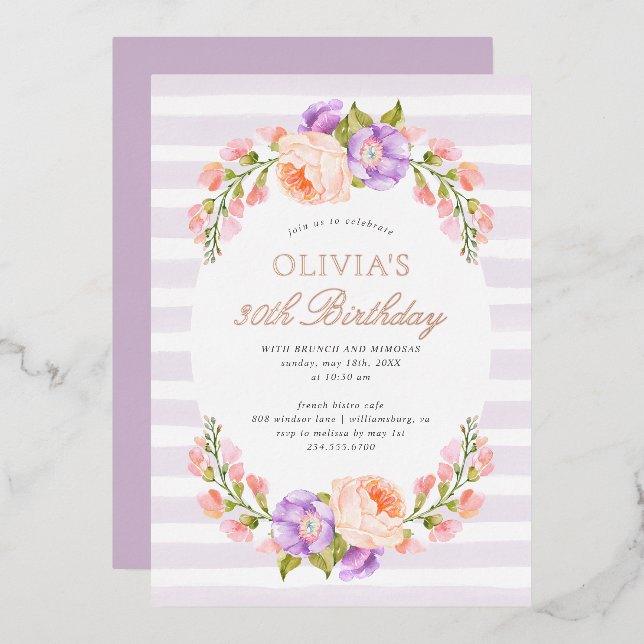 Lilac Stripe and Bloom Birthday Brunch Party (Front/Back)