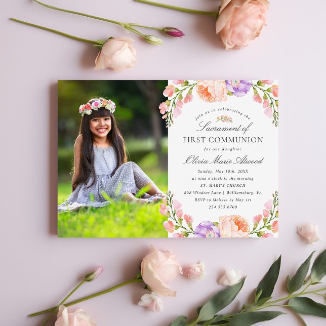Lilac Stripe and Bloom Photo First Communion Invitation (Creator Uploaded)