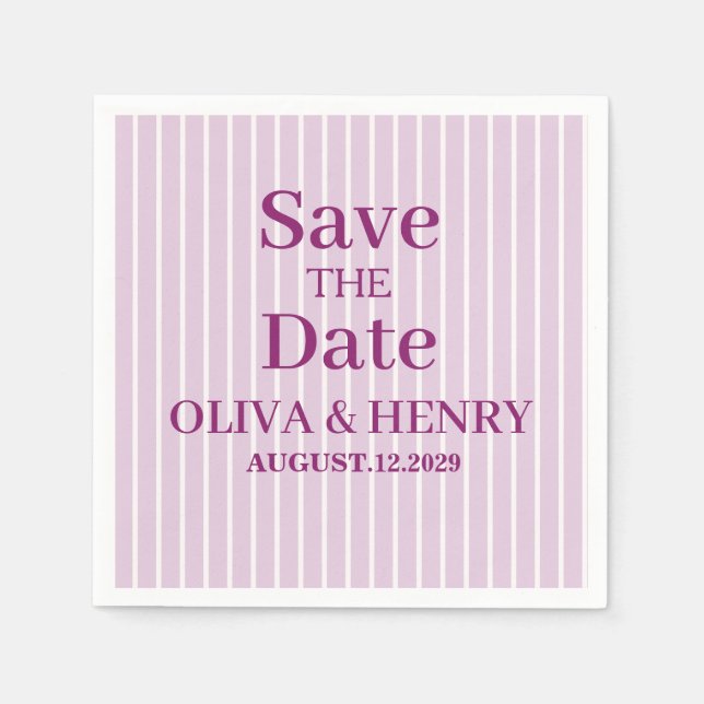 LILAC STRIPES STYLISH SIMPLE SCRIPT SAVE THE DATE NAPKIN (Front)