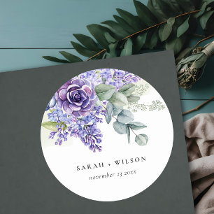 Lilac Succulent Eucalyptus Botanical Bunch Wedding Classic Round Sticker