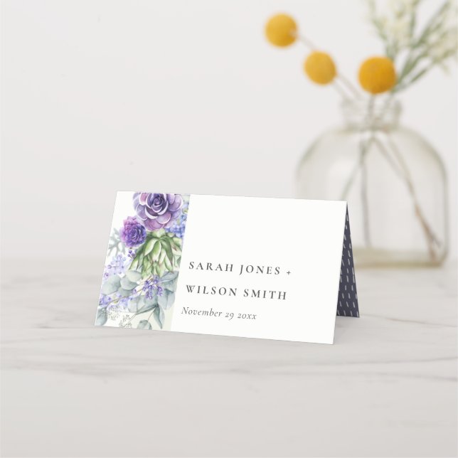 Lilac Succulent Eucalyptus Botanical Frame Wedding Place Card (Front)