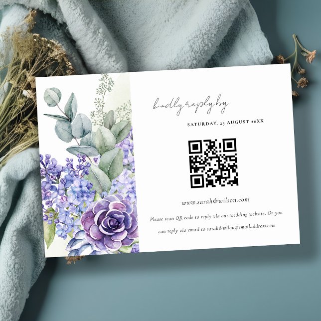Lilac Succulent Leafy Fauna Wedding QR Code RSVP Enclosure Card (Creator Uploaded)