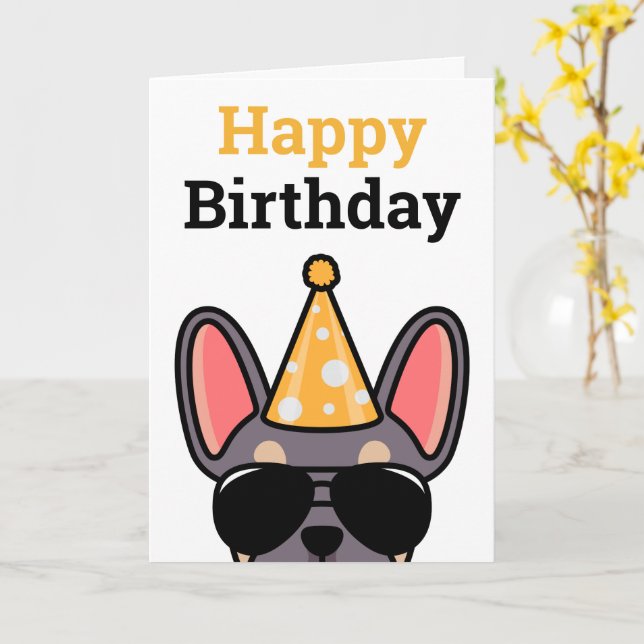 Lilac Tan French Bulldog Happy Birthday Card (Yellow Flower)