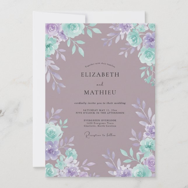 Lilac Teal Floral Romance Wedding Invitation (Front)