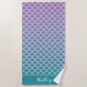 Lilac Teal Gradient Mermaid Fishscale Beach Towel
