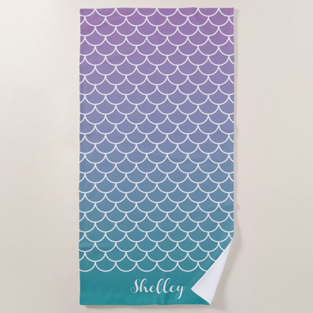 Lilac Teal Gradient Mermaid Fishscale Beach Towel (Front)