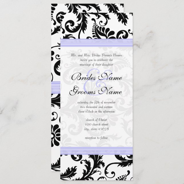 Lilac Trim Black Damask Swirls Wedding Invitation (Front/Back)