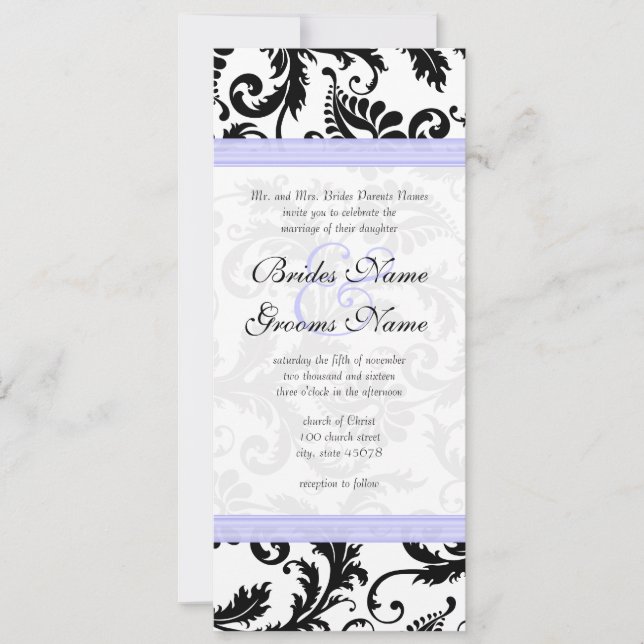 Lilac Trim Black Damask Swirls Wedding Invitation (Front)