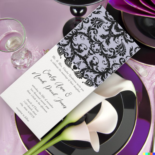 Lilac Trim Black Damask Swirls Wedding Invitation (Creator Uploaded)