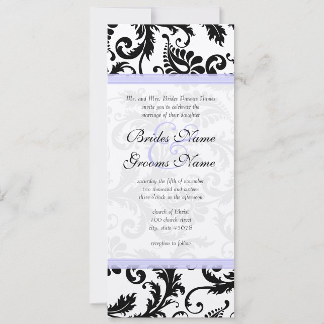 Lilac Trim Black Damask Swirls Wedding Invitation (Front)