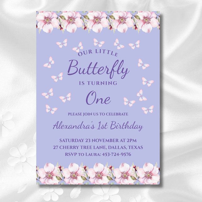 Lilac Turning One Little Butterfly 1st Birthday Invitation (Creator Uploaded)