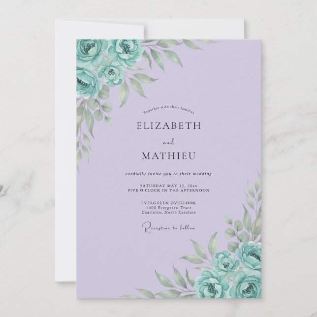 Lilac Turquoise Peony Wedding Invitation (Front)