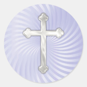 Lilac Twirl Silver Pearl Cross Classic Round Sticker