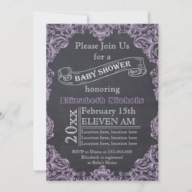 Lilac vintage frame and chalkboard baby shower invitation (Front)
