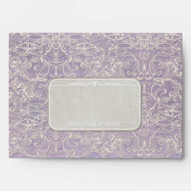Lilac Vintage French Regency Lace Etched Wedding Envelopes (Front)