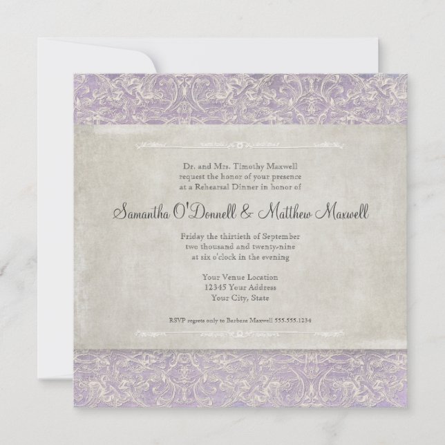 Lilac Vintage French Regency Lace Rehearsal Dinner Invitation (Front)