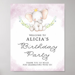 Lilac Watercolor Baby Elephant Birthday Welcome Poster