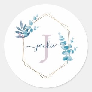 Lilac Watercolor Eucalyptus Frame Monogram Classic Round Sticker