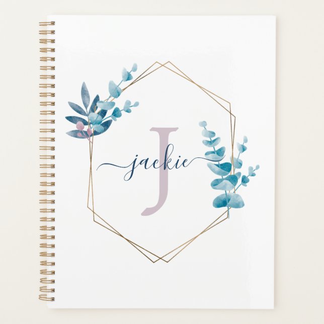 Lilac Watercolor Eucalyptus Frame Monogram Planner (Front)