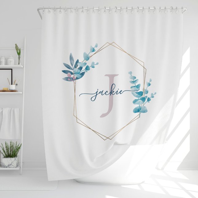 Lilac Watercolor Eucalyptus Frame Monogram Shower Curtain (Creator Uploaded)
