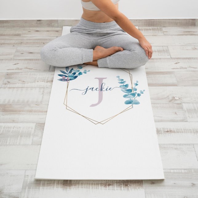 Lilac Watercolor Eucalyptus Frame Monogram Yoga Mat (Creator Uploaded)