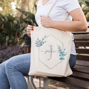 Lilac Watercolor Eucalyptus Frame Monogrammed Tote Bag