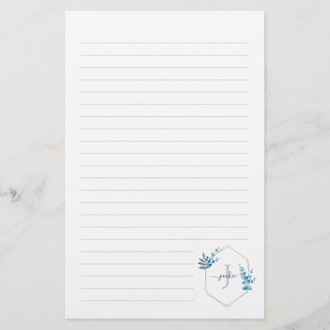 Lilac Watercolor Eucalyptus Framed Monogram Stationery (Front)