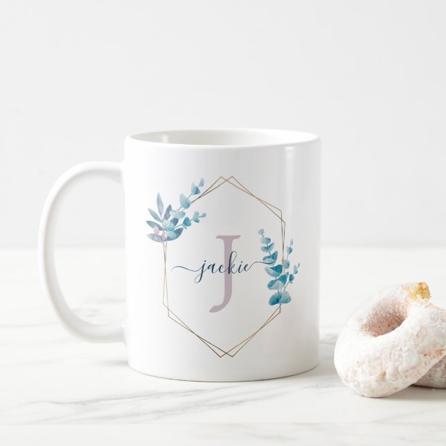 Lilac Watercolor Eucalyptus Wreath Monogram Coffee Mug (With Donut)