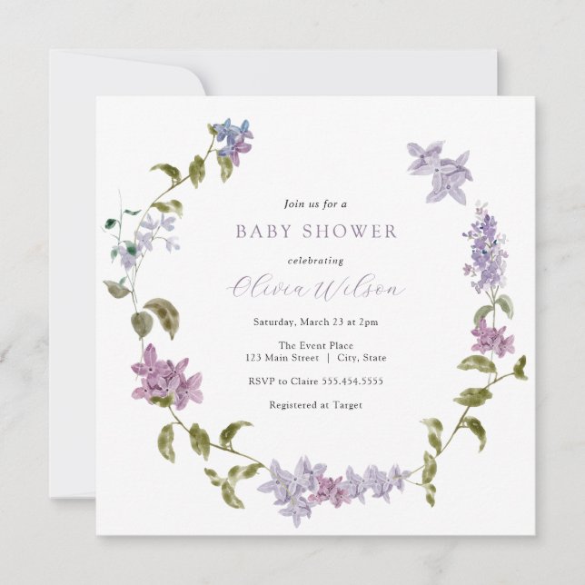 Lilac Watercolor Floral Baby Shower Invitation (Front)