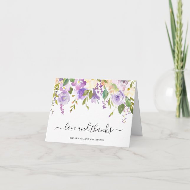Lilac Watercolor Floral Elegant Wedding Thank You Card (Front)