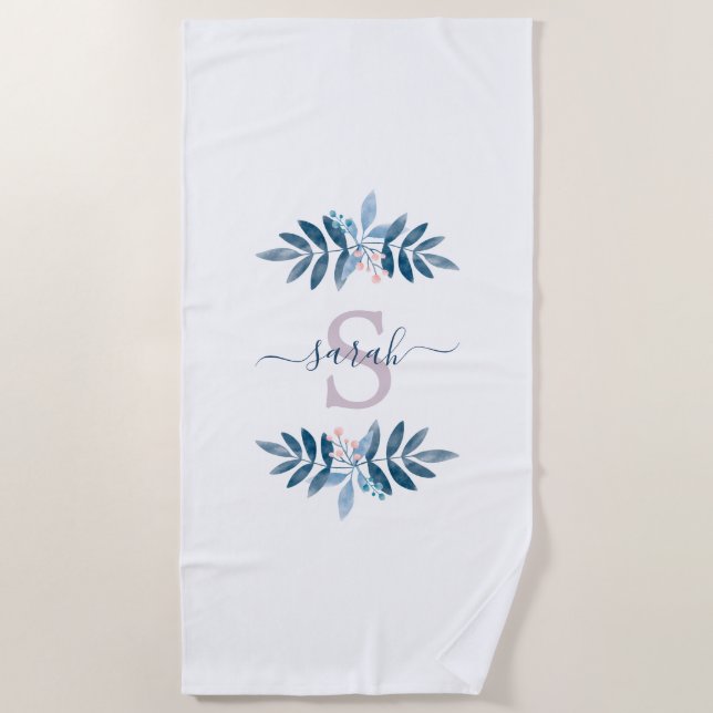 Lilac Watercolor Floral Monogram Beach Towel (Front)