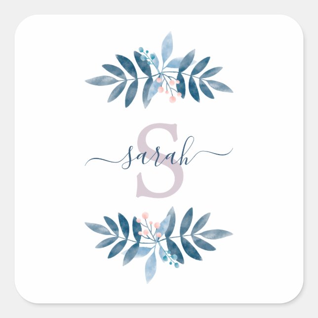Lilac Watercolor Floral Monogram Square Sticker (Front)