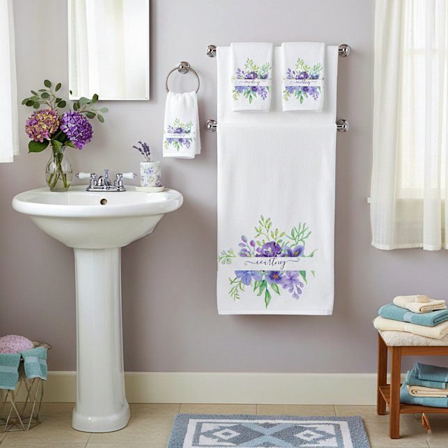 Lilac watercolor floral personalised  bath towel set (Creator Uploaded)