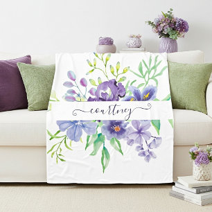 Lilac watercolor floral personalised fleece blanket