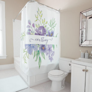 Lilac watercolor floral personalised shower curtain