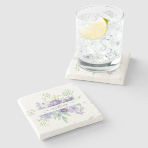 Lilac watercolor floral personalised stone coaster