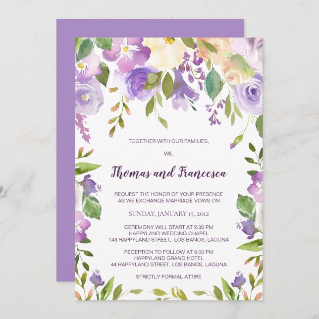 Lilac Watercolor Floral Wedding Invitation (Front/Back)