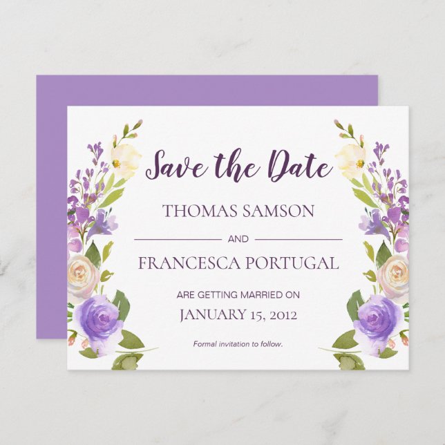 Lilac Watercolor Floral Wedding Save the Date Card (Front/Back)