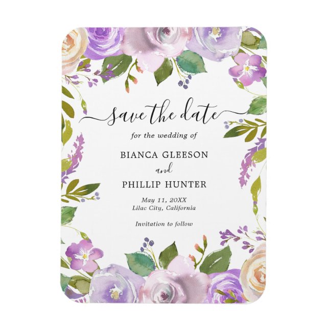 Lilac Watercolor Floral Wedding Save the Date Magnet (Vertical)