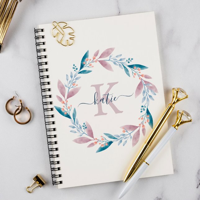 Lilac Watercolor Floral Wreath Monogram Notebook (Creator Uploaded)