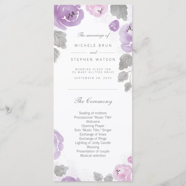 Lilac Watercolor Roses Wedding Program Rack Cards (Front)
