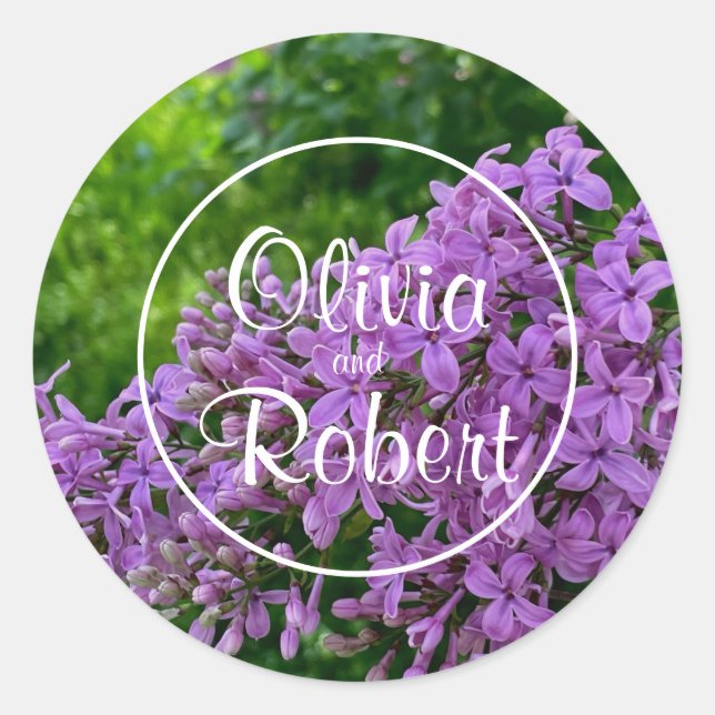 Lilac Wedding elegant purple lavender floral Classic Round Sticker (Front)